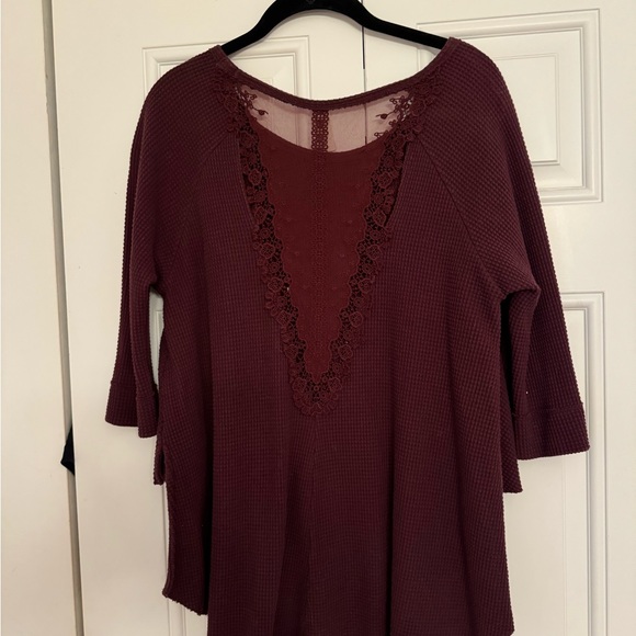 Free People Maroon Open Back Lace Waffle Top Medium - Picture 10 of 10